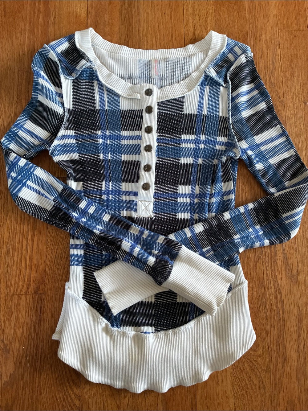 FP Movement Blue Plaid Ribbed Henley Top